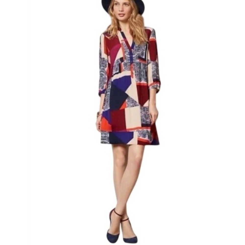 Anthropologie Maeve Taryn Women's 2 Dress 3/4‎ Sleeve Mix Print Crepe Multi EUC